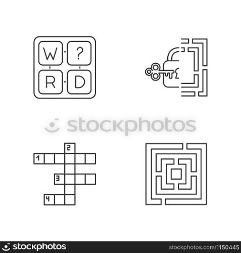 Puzzles and riddles linear icons set. Missing letter game. Maze, labirynth. Crossword. Logic games. Brain teaser. Thin line contour symbols. Isolated vector outline illustrations. Editable stroke