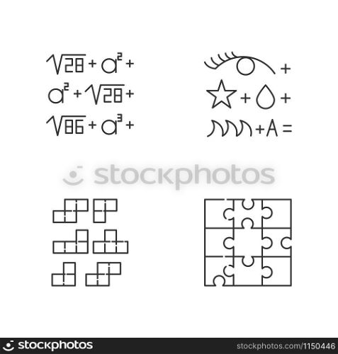 Puzzles and riddles linear icons set. Rebus. Block puzzle, tile matching. Jigsaw. Logic games. Brain teaser. Thin line contour symbols. Isolated vector outline illustrations. Editable stroke