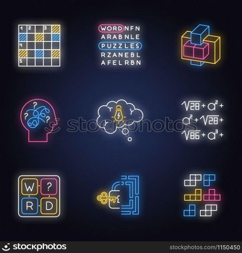 Puzzles and riddles neon light icons set. Construction, word puzzle. Crossword. Math problem. Puzzled mind. Logic games. Mental exercise. Brain teaser. Glowing signs. Vector isolated illustrations