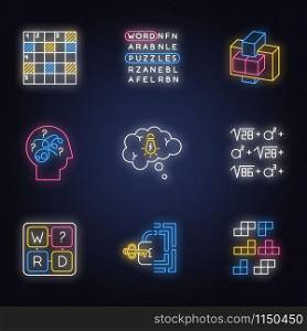 Puzzles and riddles neon light icons set. Construction, word puzzle. Crossword. Math problem. Puzzled mind. Logic games. Mental exercise. Brain teaser. Glowing signs. Vector isolated illustrations