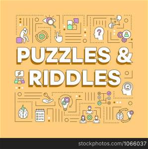 Puzzles and riddles word concepts banner. Solving problems, mysteries presentation, website. Escape games isolated lettering typography idea with linear icons. Vector outline illustration