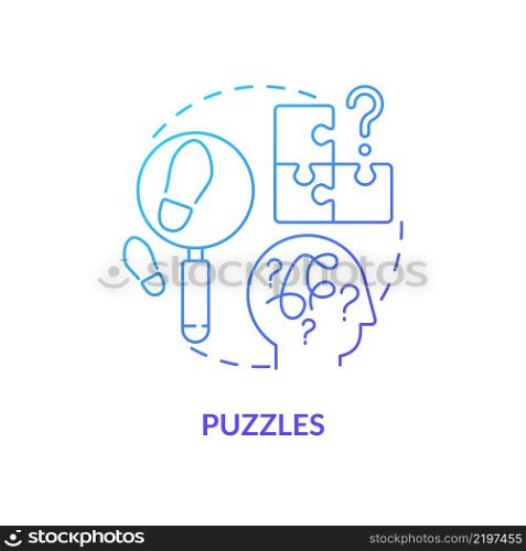 Puzzles blue gradient concept icon. Escape room general component abstract idea thin line illustration. Riddle-solving adventure. Detective mystery. Isolated outline drawing. Myriad Pro-Bold font used. Puzzles blue gradient concept icon