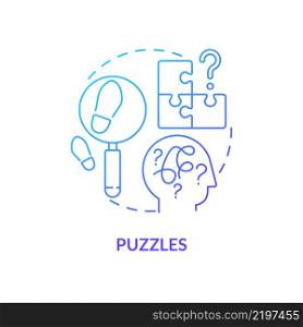 Puzzles blue gradient concept icon. Escape room general component abstract idea thin line illustration. Riddle-solving adventure. Detective mystery. Isolated outline drawing. Myriad Pro-Bold font used. Puzzles blue gradient concept icon