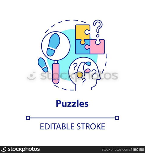 Puzzles concept icon. Escape room general component abstract idea thin line illustration. Educationally-enriching scenario. Isolated outline drawing. Editable stroke. Arial, Myriad Pro-Bold fonts used. Puzzles concept icon