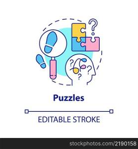 Puzzles concept icon. Escape room general component abstract idea thin line illustration. Educationally-enriching scenario. Isolated outline drawing. Editable stroke. Arial, Myriad Pro-Bold fonts used. Puzzles concept icon