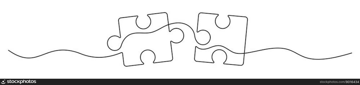 Puzzles line art. Jigsaw pieces continuous one line drawing. Vector isolated on white.. Puzzles continuous line art.