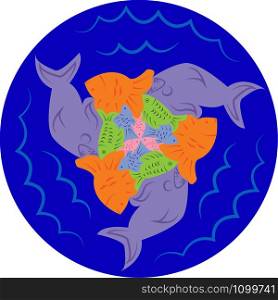 Puzzles of fish. Escher style. Symmetrical round pattern. Puzzles of fish. Escher style