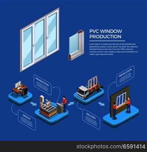 Pvc windows stages of production from design till installation isometric composition on blue background vector illustration. PVC Windows Production Isometric Composition