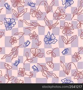 Pychedelic eamless pattern with flowers and butterflies on grid distorted background. Groovy summer print for fabric, paper, T-shirt. Floral doodle vector illustration for decor and design.