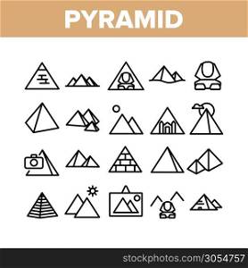 Pyramid Attraction Collection Icons Set Vector Thin Line. Egyptian Pyramid And Sphinx, Photo Camera And Tourism Landscape On Picture Concept Linear Pictograms. Monochrome Contour Illustrations. Pyramid Attraction Collection Icons Set Vector