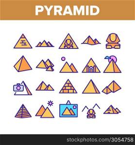 Pyramid Attraction Collection Icons Set Vector Thin Line. Egyptian Pyramid And Sphinx, Photo Camera And Tourism Landscape On Picture Concept Linear Pictograms. Color Contour Illustrations. Pyramid Attraction Collection Icons Set Vector