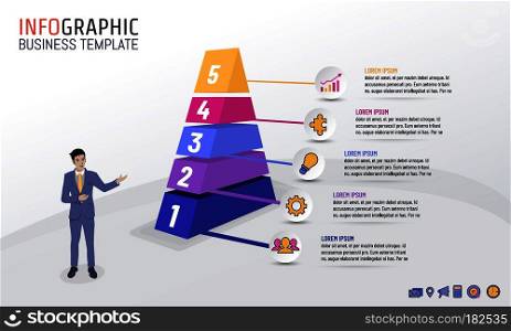 Pyramid business infographic template with 5 steps, options, Vector illustration layout design for business plan, strategy or any purpose.