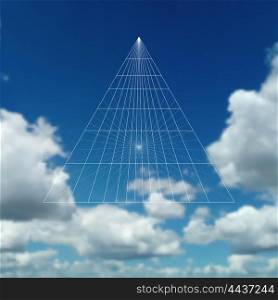 Pyramid construction in perspective. Pyramid of the connected lines. Beautiful blue sky, abstract geometric background, white clouds, business layout, vector illustration.