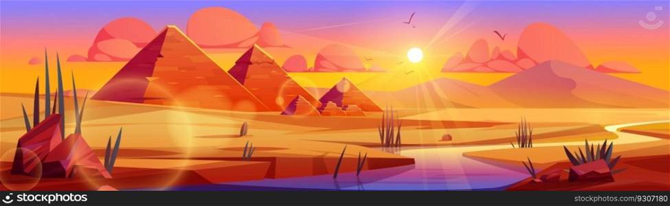 Pyramid in egypt desert oasis vector sunset landscape background. Ancient nile river scene drawing banner. Arabic archeology wild cactus and river cartoon illustration, great stone tomb, orange cloud. Pyramid in egypt desert oasis sunset landscape