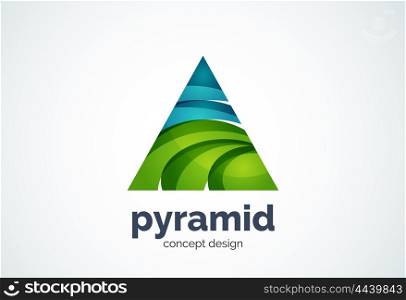 Pyramid logo template, triangle cycle concept - geometric minimal style, created with overlapping curve elements and waves. Corporate identity emblem, abstract business company branding element