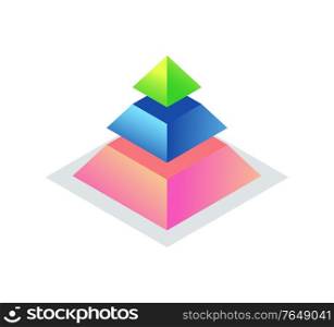 Pyramid of colored pieces on square, 3d triangle from stairs or parts, graphic symbol of business success, marketing process, geometric element vector. Geometric Element, Pyramid Symbol, Parts Vector