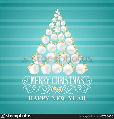 Pyramid of spruce toys over blue color background with greeting text. Vector illustration.