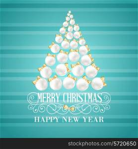Pyramid of spruce toys over blue color background with greeting text. Vector illustration.