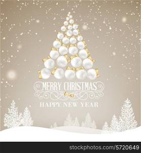 Pyramid of spruce toys over snow color background with greeting text. Vector illustration.