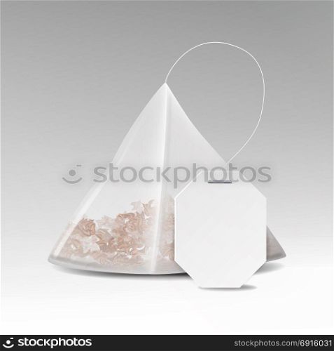 Pyramid Tea Bag Mock Up With Empty White Label. Vector Template Illustration For Your Design. Isolated On White Background.. Pyramid Tea Bag Mock Up With Empty White Label. Vector Template Illustration For Your Design. Isolated On White