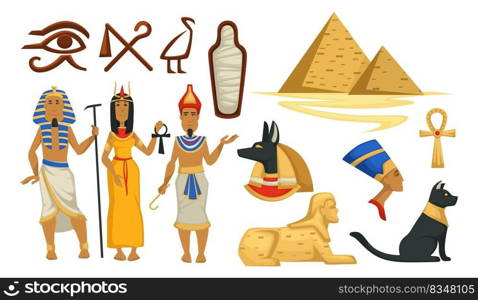 Pyramids and mummies, gods and sphinx, nefertiti bust and cat with symbol ankh. People wearing traditional clothes for ancient times, egyptian civilization and culture of past. Vector in flat. Egyptian culture, pyramids and pharaoh vector