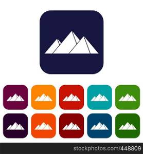 Pyramids in Giza icons set vector illustration in flat style In colors red, blue, green and other. Pyramids in Giza icons set flat
