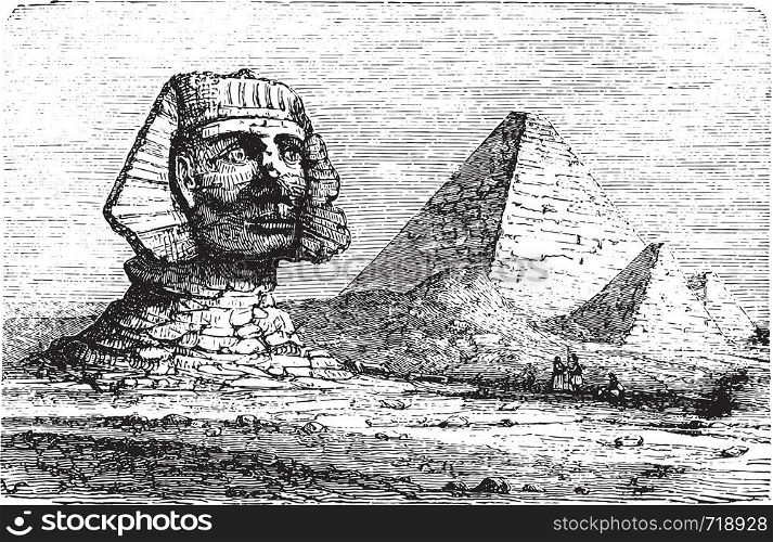 Pyramids of Giza and the Great Sphinx, vintage engraved illustration. Industrial encyclopedia E.-O. Lami - 1875.