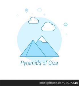 Pyramids of Giza, Egypt Flat Vector Icon. Historical Landmarks Related Illustration. Light Flat Style. Blue Monochrome Design. Editable Stroke. Adjust Line Weight. Design with Pixel Perfection.. Pyramids of Giza, Egypt Flat Vector Illustration, Icon. Light Blue Monochrome Design. Editable Stroke