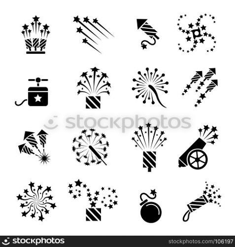 Pyrotechnic black icons. Pyrotechnic icons. Festival celebration sparkle burst, fun dynamite and firework star explosion signs, vector illustration