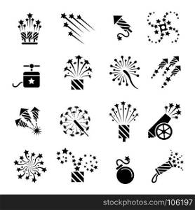 Pyrotechnic black icons. Pyrotechnic icons. Festival celebration sparkle burst, fun dynamite and firework star explosion signs, vector illustration