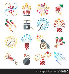 Pyrotechnic colored icons. Pyrotechnic colored icons. Holiday sky fire crackers and cracker sparklers color firework rockets isolated on white background, vector illustration