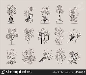Pyrotechnic line icons. Fireworks and celebration thin line signs vector. Pyrotechnic line icons