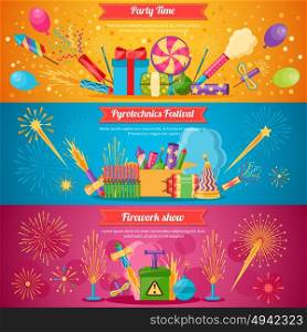 Pyrotechnics Festival Flat Banners. Horizontal flat pyrotechnics festival isolated banners with colorful crackers and balloons for firework show vector illustration