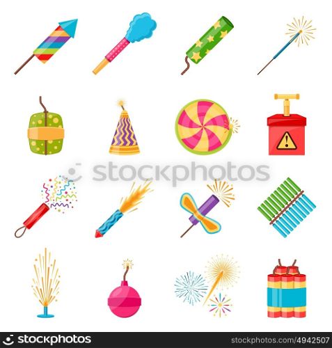 Pyrotechnics Festival Flat Icons Set. Pyrotechnics festival flat icons set with colorful firework crackers of different shape isolated on white background vector illustration