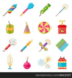 Pyrotechnics Festival Flat Icons Set. Pyrotechnics festival flat icons set with colorful firework crackers of different shape isolated on white background vector illustration