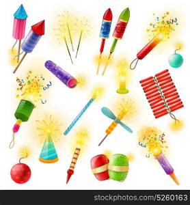 Pyrotechnics Firework Cracker Sparkler Colorful Set. Pyrotechnics commercial firework crackers firecrackers indian bengal lights and sparklers for special events colorful collection vector illustration