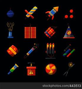 Pyrotechnics for holidays and different tools for fire show. Vector icons set of pyrotechnic firecracker and petard, rocket and bomb dynamite in flat style illustration. Pyrotechnics for holidays and different tools for fire show. Vector icons set in flat style