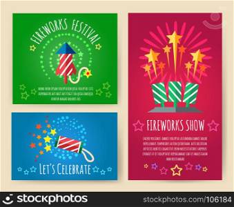 Pyrotechnics show posters. Pyrotechnics show posters. Fireworks, crackers and explosion effects party retro placards vector illustration