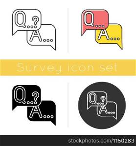 Q&A survey icon. Social research. Questions and answers poll. Consumer, customer satisfaction. Feedback. Evaluation. Glyph design, linear, chalk and color styles. Isolated vector illustrations