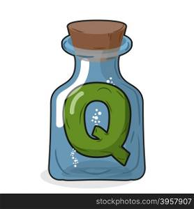Q laboratory bottle. Letter in magical vessel with a wooden stopper. Letter Q for scientific experiments. Vector illustration of a laboratory flask vessel&#xA;