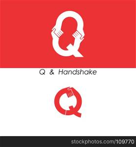 Q - Letter abstract icon & hands logo design vector template.Teamwork and Partnership concept.Business offer and Deal symbol.Vector illustration