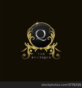 Q Letter Golden Circle Shield Luxury Boutique Logo, vector design concept for initial, luxury business, hotel, wedding service, boutique, decoration and more brands.