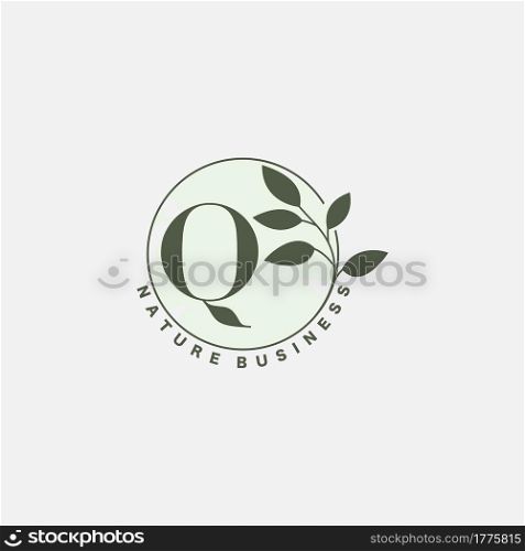 Q Letter Logo Circle Nature Leaf, vector logo design concept botanical floral leaf with initial letter logo icon for nature business.