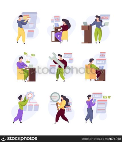 Qa. Website quality bugs testing and fixing software prototype garish vector pictures set. Illustration software find bug, programming and development. Qa. Website quality bugs testing and fixing software prototype garish vector pictures set