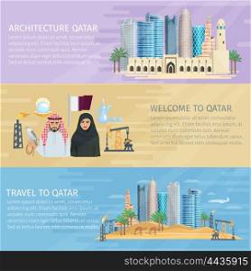 Qatar Horizontal Banner Set. Qatar horizontal banner set with national landscapes and people in costumes on the sand background vector illustration