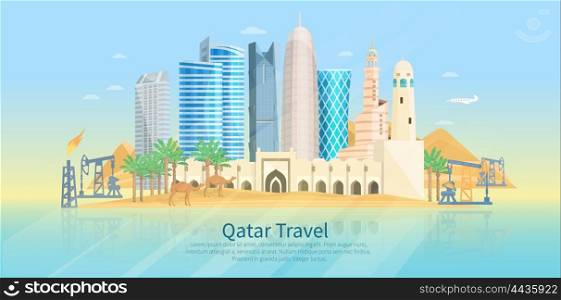Qatar Skyline Flat Poster. Qatar skyline flat poster with modern buildings camels and oil drilling rig vector illustration