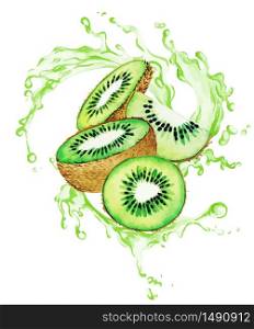 Qiwis and half of qiwi fruits in the splash of green juice, hand drawn vector watercolor illustration