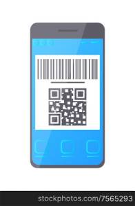 QR barcode, smartphone screen monitor vector. Icon information about product, identification of item at online shop symbol with encoded digital info. QR Bar Code on Smartphone Screen, Phone Monitor