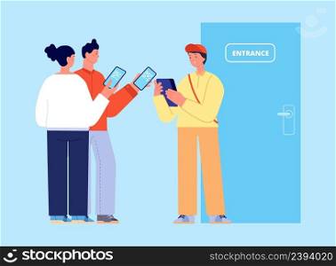 QR code control. Vaccination identification, people with barcodes for entrance. Controller checks personal codes for entry, vector concept. Illustration of passport certificate, health control. QR code control. Vaccination identification, people with barcodes for entrance. Controller checks personal codes for entry, vector concept