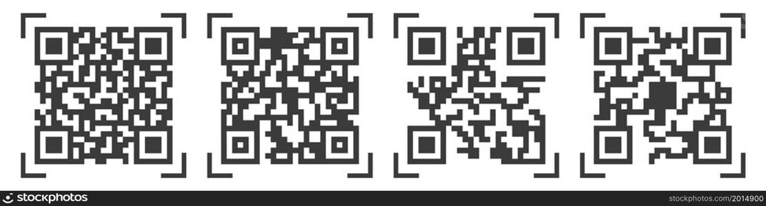 Qr code icons. Product label mark for scan. Square qrcode stickers isolated, black on white background, random lines . Vector illustration